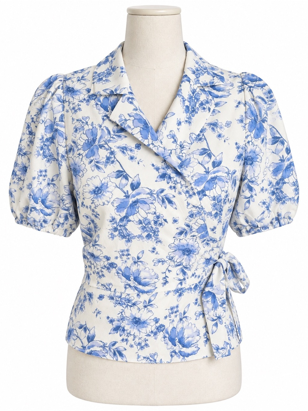 Blue Floral Wrap Puff-Sleeve Top NWT